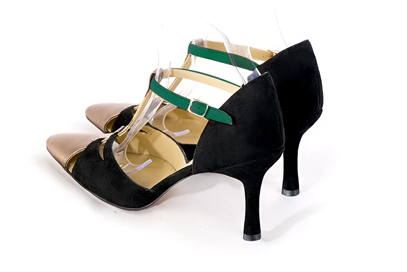 Tan beige, matt black and emerald green women's T-strap open side shoes. Tapered toe. High slim heel. Rear view - Florence KOOIJMAN